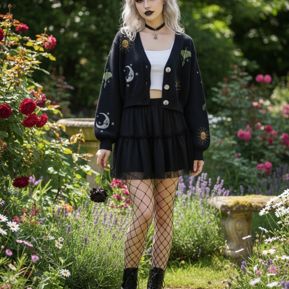Black Skull Black Moon & Sun Embroidered Cropped Cardigan - Picture 3 of 7